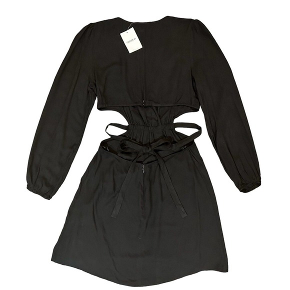 NWT Forever 21 Dress Womens Black Deep V-Neck Long Sleeve Cutout Tie Back Size L - Picture 6 of 16